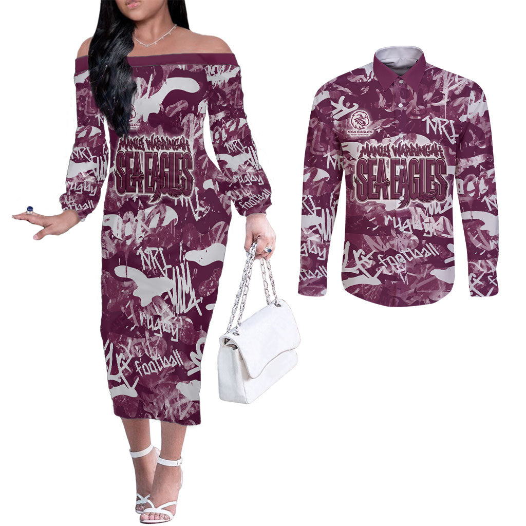 Manly Warringah Sea Eagles Rugby Couples Matching Off The Shoulder Long Sleeve Dress and Long Sleeve Button Shirt Graffiti Typography Urban Camo Abstract Street Style