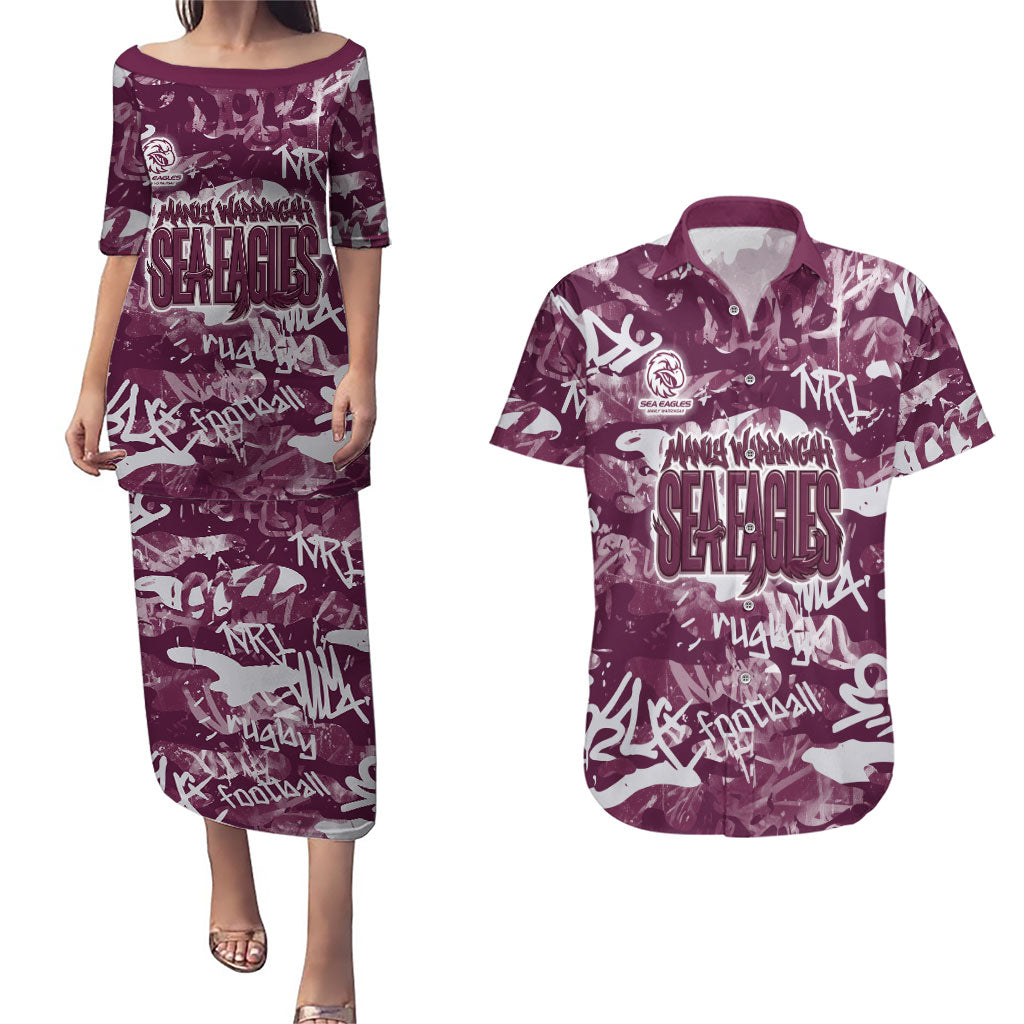 Manly Warringah Sea Eagles Rugby Couples Matching Puletasi and Hawaiian Shirt Graffiti Typography Urban Camo Abstract Street Style