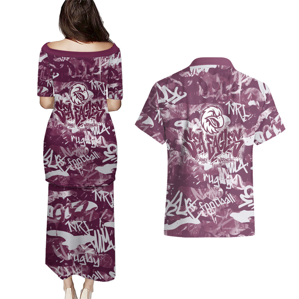 Manly Warringah Sea Eagles Rugby Couples Matching Puletasi and Hawaiian Shirt Graffiti Typography Urban Camo Abstract Street Style