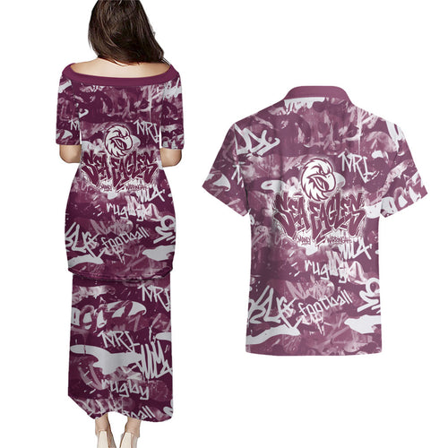 Manly Warringah Sea Eagles Rugby Couples Matching Puletasi and Hawaiian Shirt Graffiti Typography Urban Camo Abstract Street Style