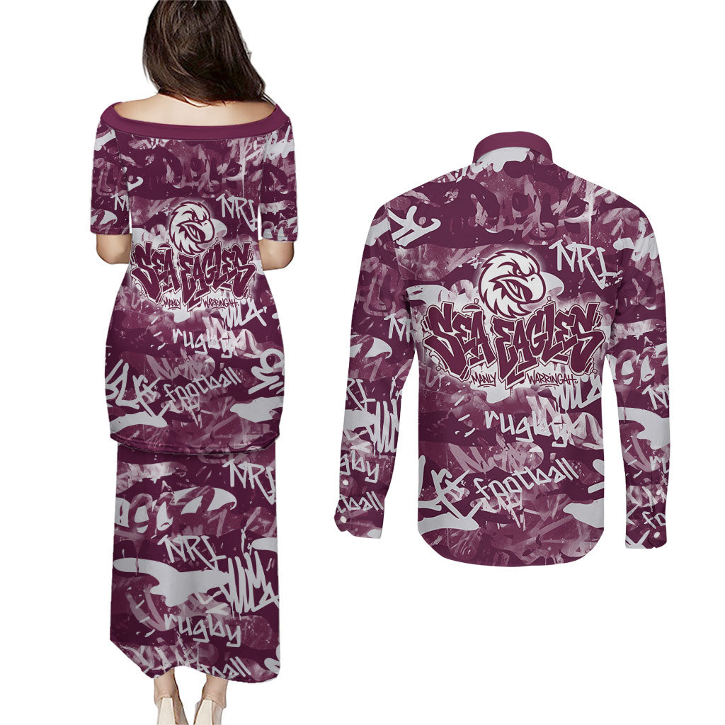 Manly Warringah Sea Eagles Rugby Couples Matching Puletasi and Long Sleeve Button Shirt Graffiti Typography Urban Camo Abstract Street Style