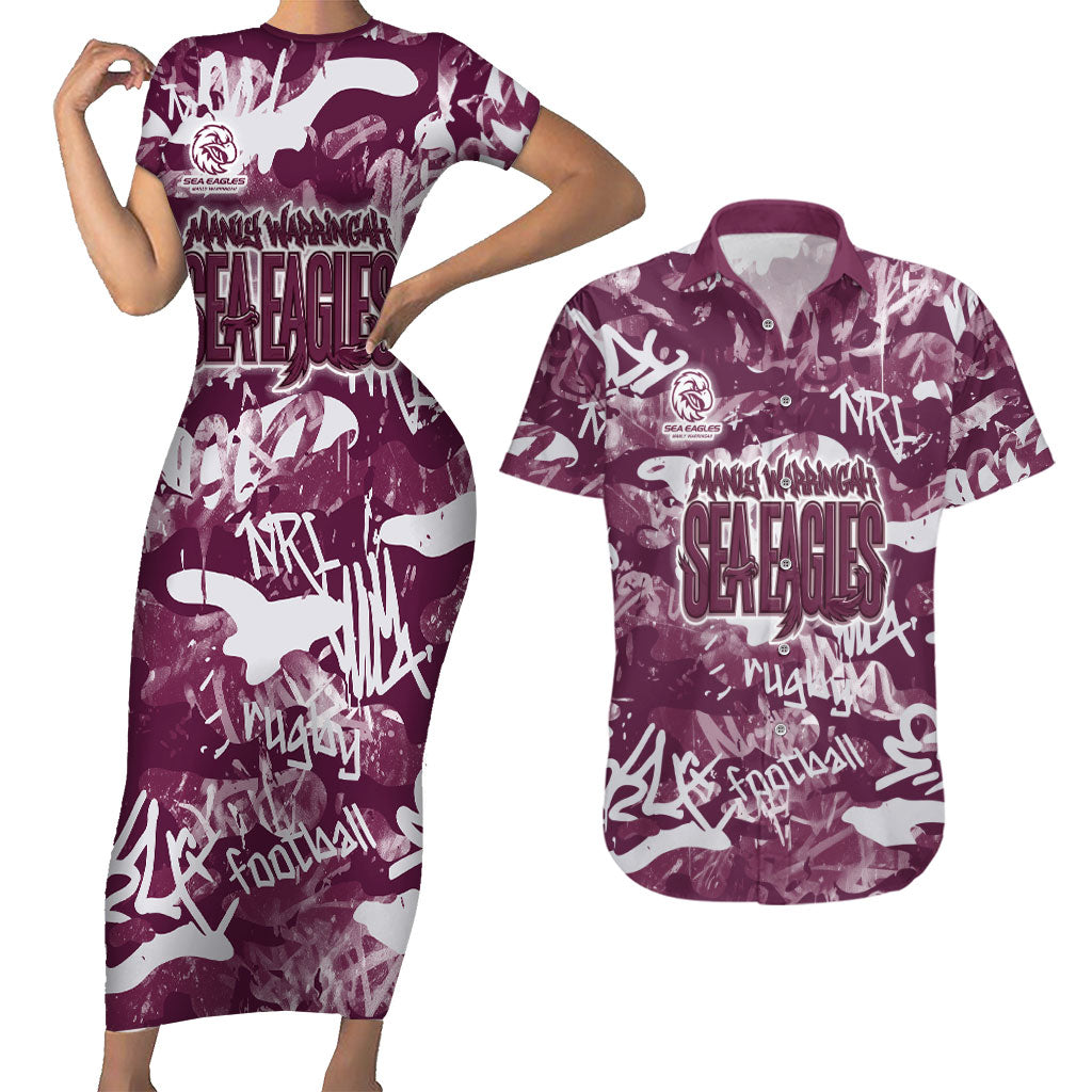 Manly Warringah Sea Eagles Rugby Couples Matching Short Sleeve Bodycon Dress and Hawaiian Shirt Graffiti Typography Urban Camo Abstract Street Style