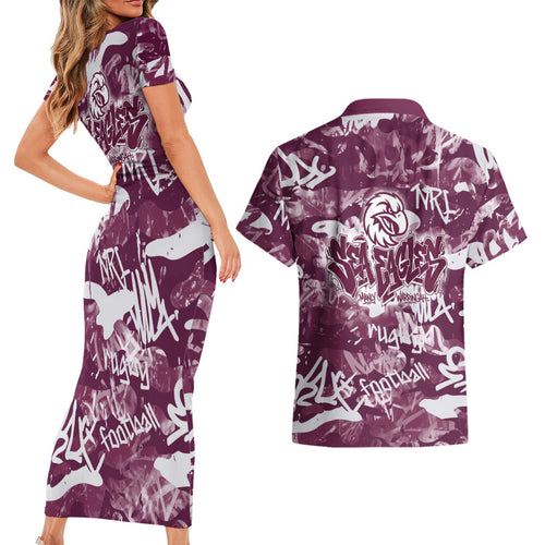 Manly Warringah Sea Eagles Rugby Couples Matching Short Sleeve Bodycon Dress and Hawaiian Shirt Graffiti Typography Urban Camo Abstract Street Style
