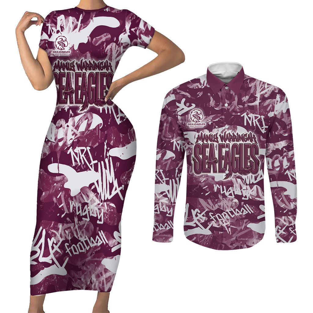 Manly Warringah Sea Eagles Rugby Couples Matching Short Sleeve Bodycon Dress and Long Sleeve Button Shirt Graffiti Typography Urban Camo Abstract Street Style