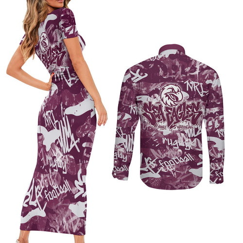 Manly Warringah Sea Eagles Rugby Couples Matching Short Sleeve Bodycon Dress and Long Sleeve Button Shirt Graffiti Typography Urban Camo Abstract Street Style