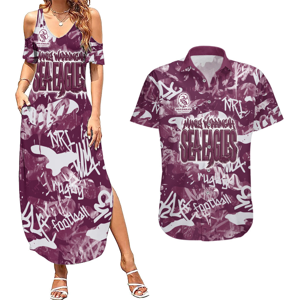 Manly Warringah Sea Eagles Rugby Couples Matching Summer Maxi Dress and Hawaiian Shirt Graffiti Typography Urban Camo Abstract Street Style
