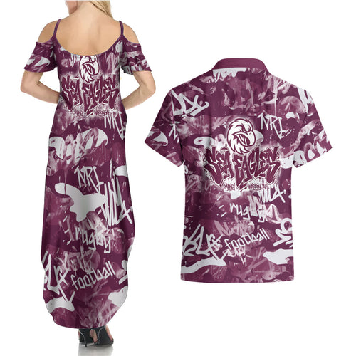 Manly Warringah Sea Eagles Rugby Couples Matching Summer Maxi Dress and Hawaiian Shirt Graffiti Typography Urban Camo Abstract Street Style