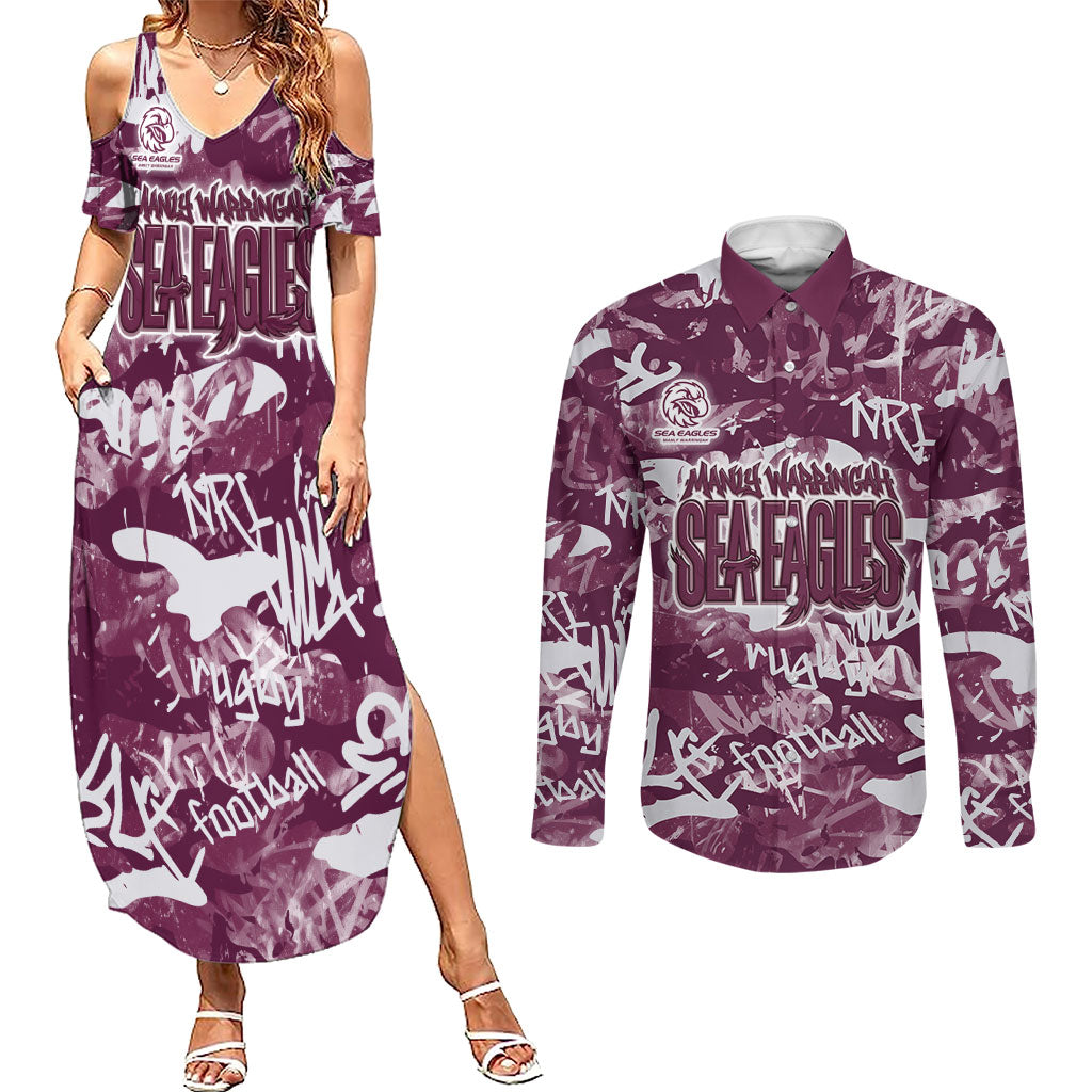 Manly Warringah Sea Eagles Rugby Couples Matching Summer Maxi Dress and Long Sleeve Button Shirt Graffiti Typography Urban Camo Abstract Street Style
