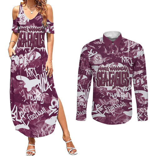 Manly Warringah Sea Eagles Rugby Couples Matching Summer Maxi Dress and Long Sleeve Button Shirt Graffiti Typography Urban Camo Abstract Street Style