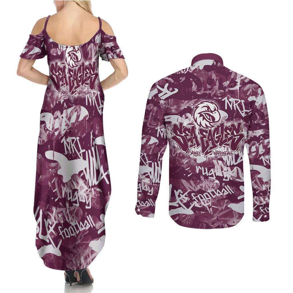 Manly Warringah Sea Eagles Rugby Couples Matching Summer Maxi Dress and Long Sleeve Button Shirt Graffiti Typography Urban Camo Abstract Street Style