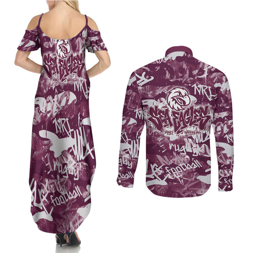 Manly Warringah Sea Eagles Rugby Couples Matching Summer Maxi Dress and Long Sleeve Button Shirt Graffiti Typography Urban Camo Abstract Street Style
