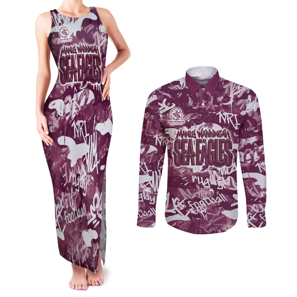 Manly Warringah Sea Eagles Rugby Couples Matching Tank Maxi Dress and Long Sleeve Button Shirt Graffiti Typography Urban Camo Abstract Street Style