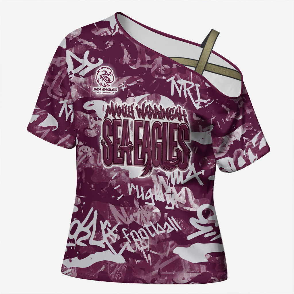 Manly Warringah Sea Eagles Rugby Cross Shoulder Shirt Graffiti Typography Urban Camo Abstract Street Style
