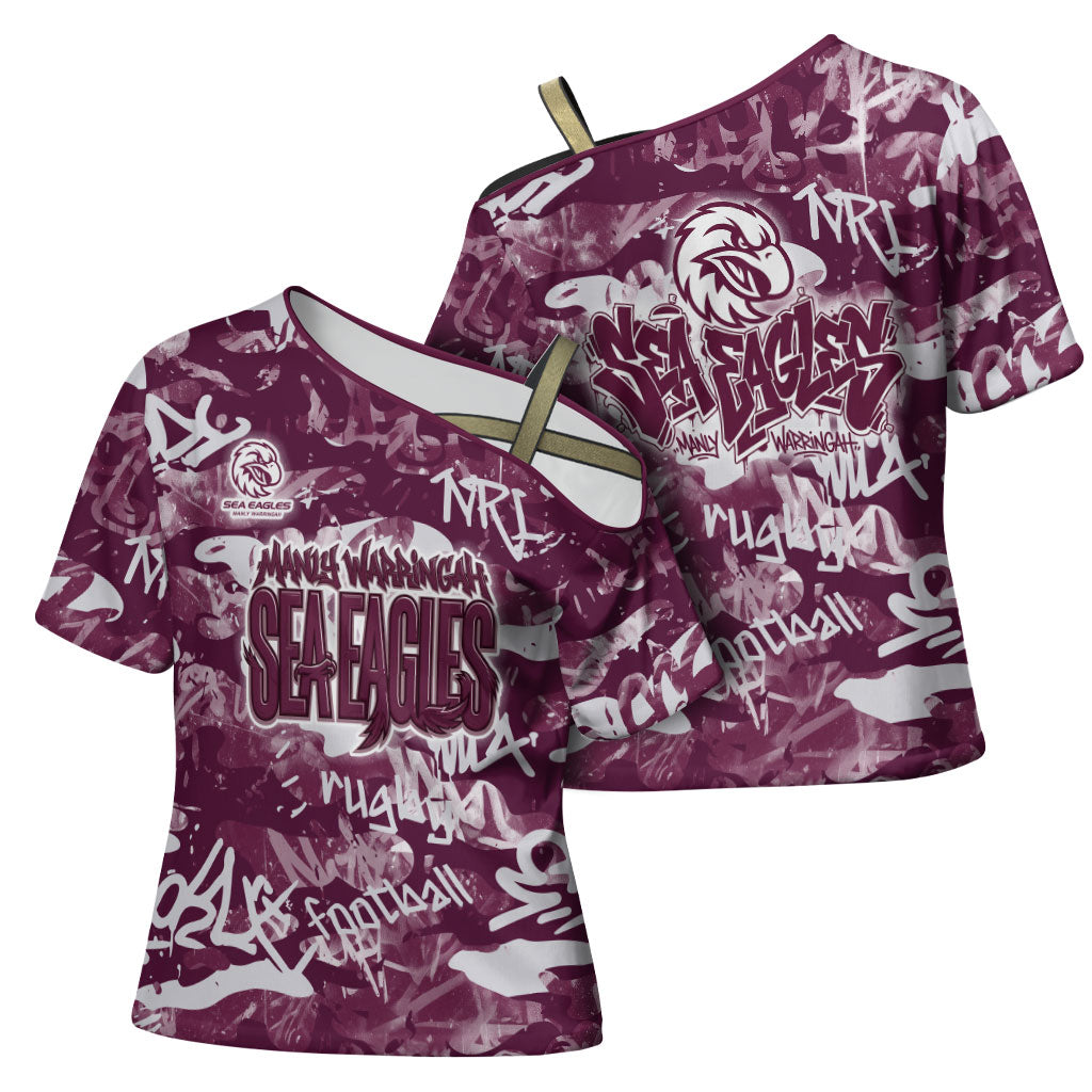 Manly Warringah Sea Eagles Rugby Cross Shoulder Shirt Graffiti Typography Urban Camo Abstract Street Style
