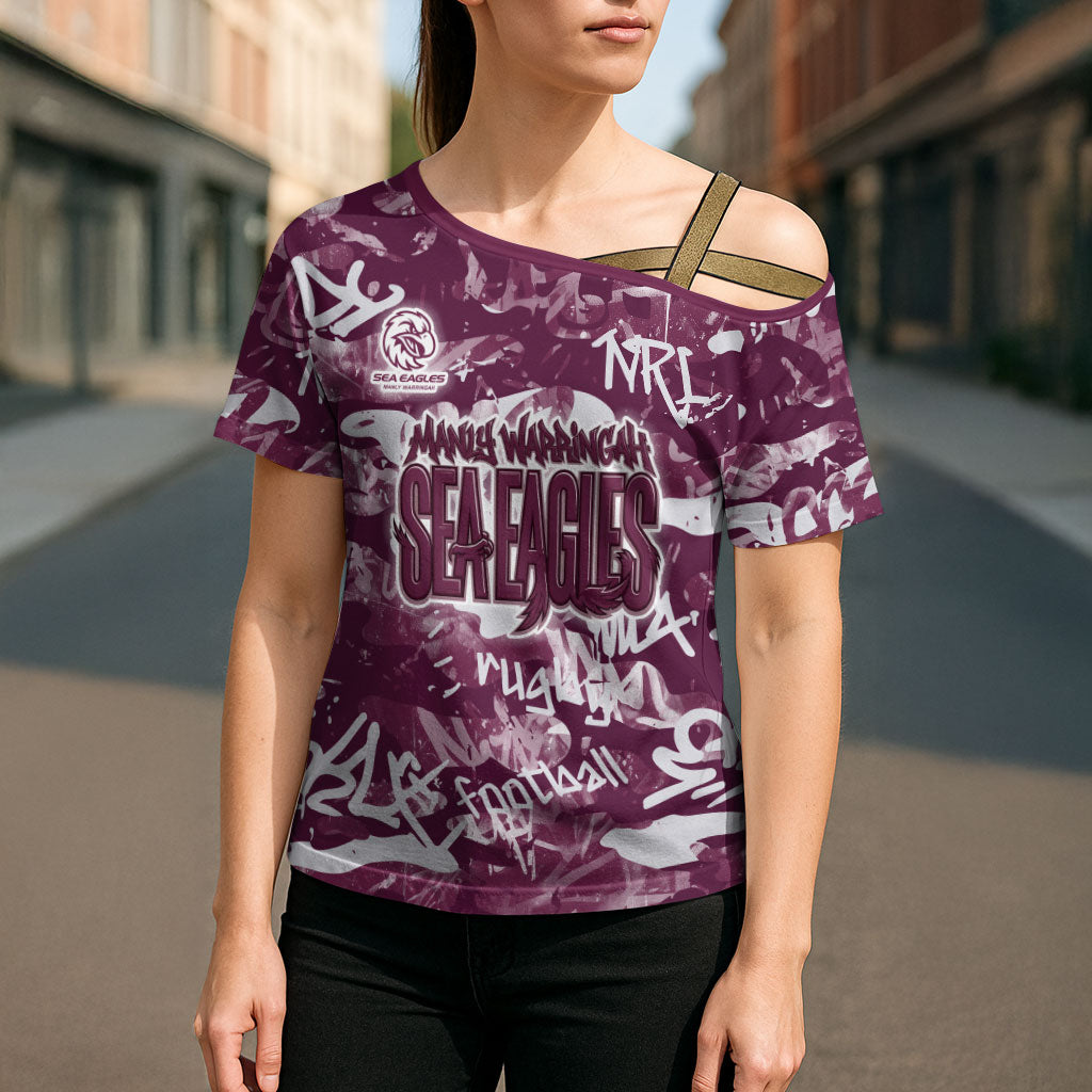 Manly Warringah Sea Eagles Rugby Cross Shoulder Shirt Graffiti Typography Urban Camo Abstract Street Style