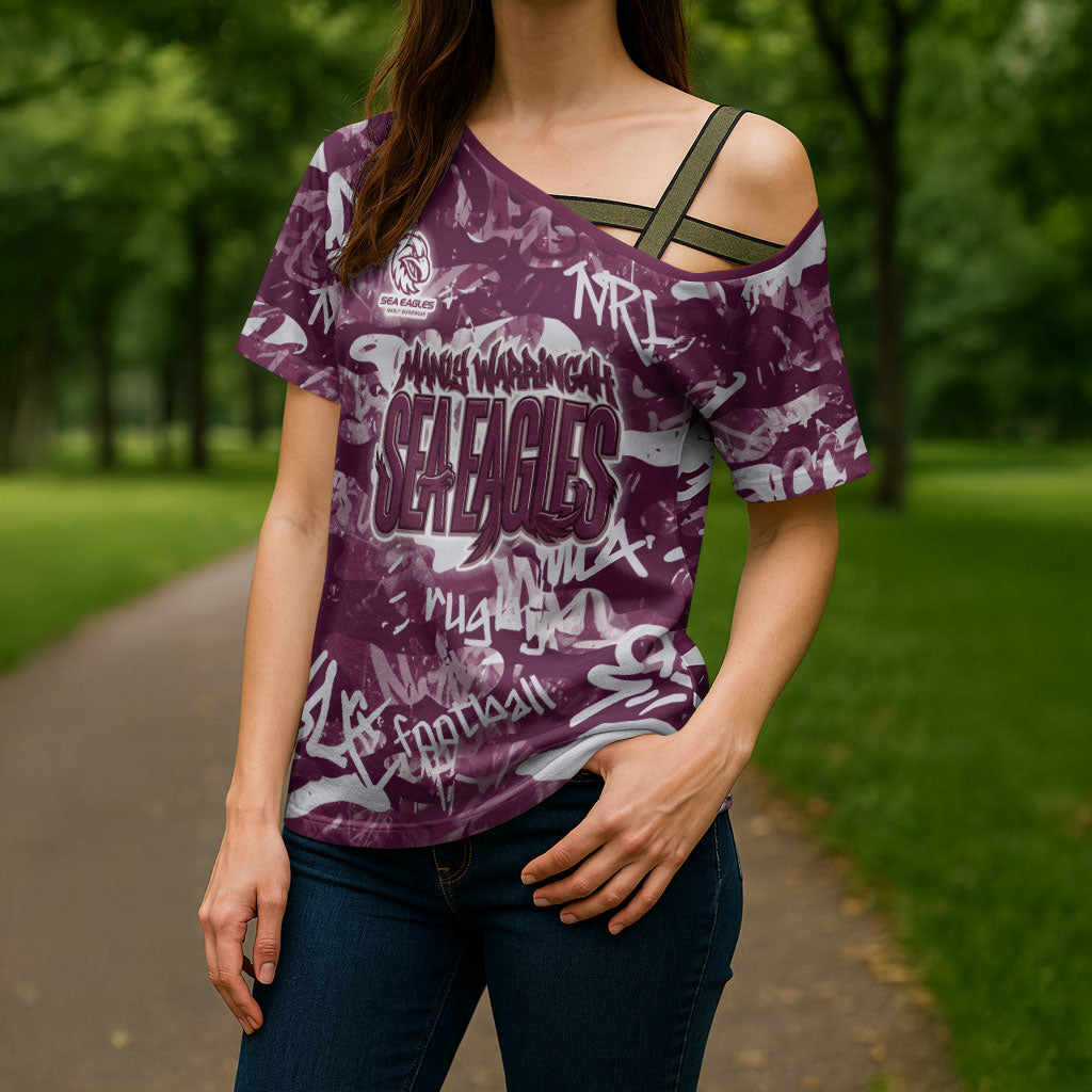 Manly Warringah Sea Eagles Rugby Cross Shoulder Shirt Graffiti Typography Urban Camo Abstract Street Style