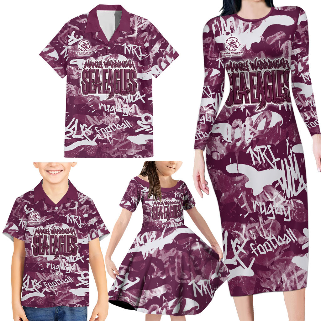 Manly Warringah Sea Eagles Rugby Family Matching Long Sleeve Bodycon Dress and Hawaiian Shirt Graffiti Typography Urban Camo Abstract Street Style