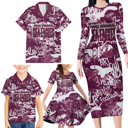Manly Warringah Sea Eagles Rugby Family Matching Long Sleeve Bodycon Dress and Hawaiian Shirt Graffiti Typography Urban Camo Abstract Street Style