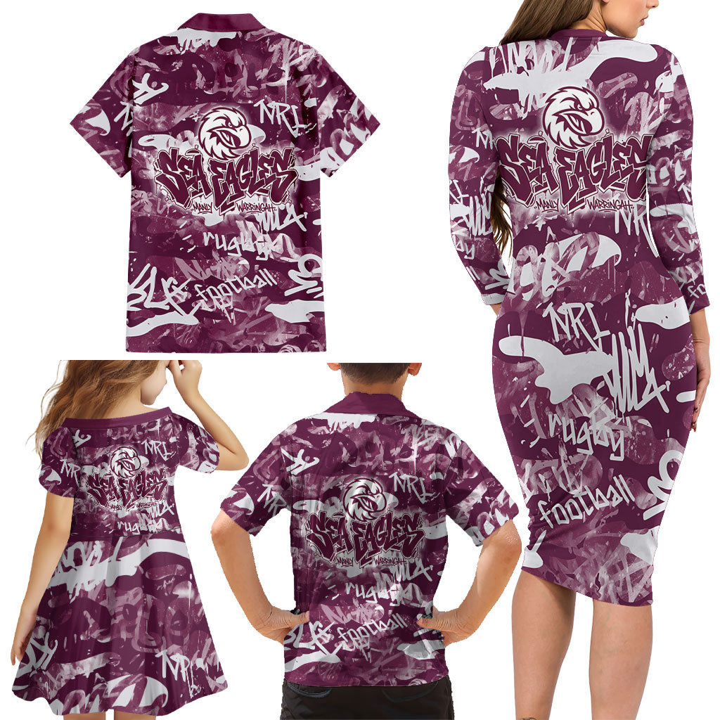 Manly Warringah Sea Eagles Rugby Family Matching Long Sleeve Bodycon Dress and Hawaiian Shirt Graffiti Typography Urban Camo Abstract Street Style