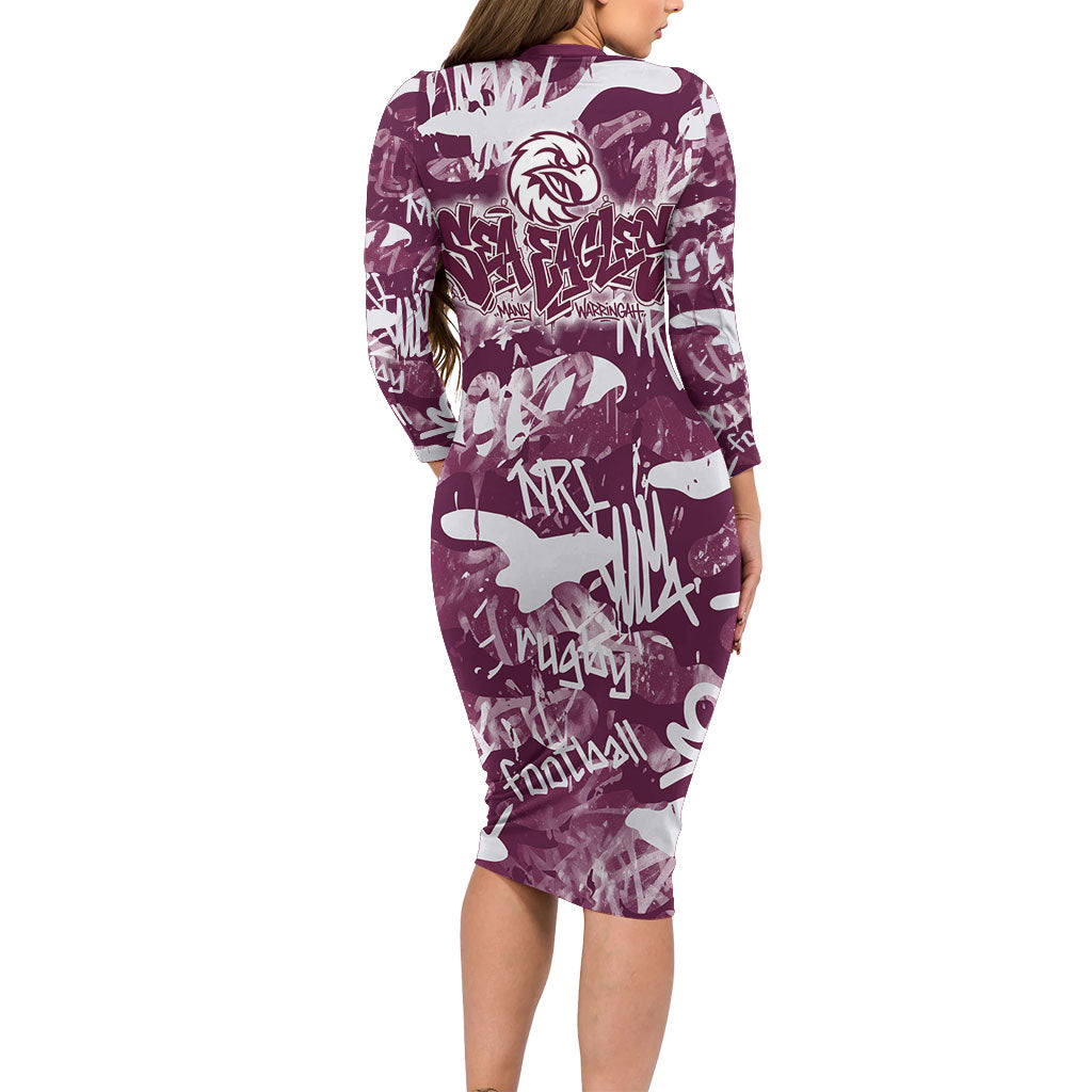 Manly Warringah Sea Eagles Rugby Family Matching Long Sleeve Bodycon Dress and Hawaiian Shirt Graffiti Typography Urban Camo Abstract Street Style