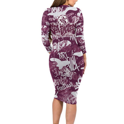 Manly Warringah Sea Eagles Rugby Family Matching Long Sleeve Bodycon Dress and Hawaiian Shirt Graffiti Typography Urban Camo Abstract Street Style