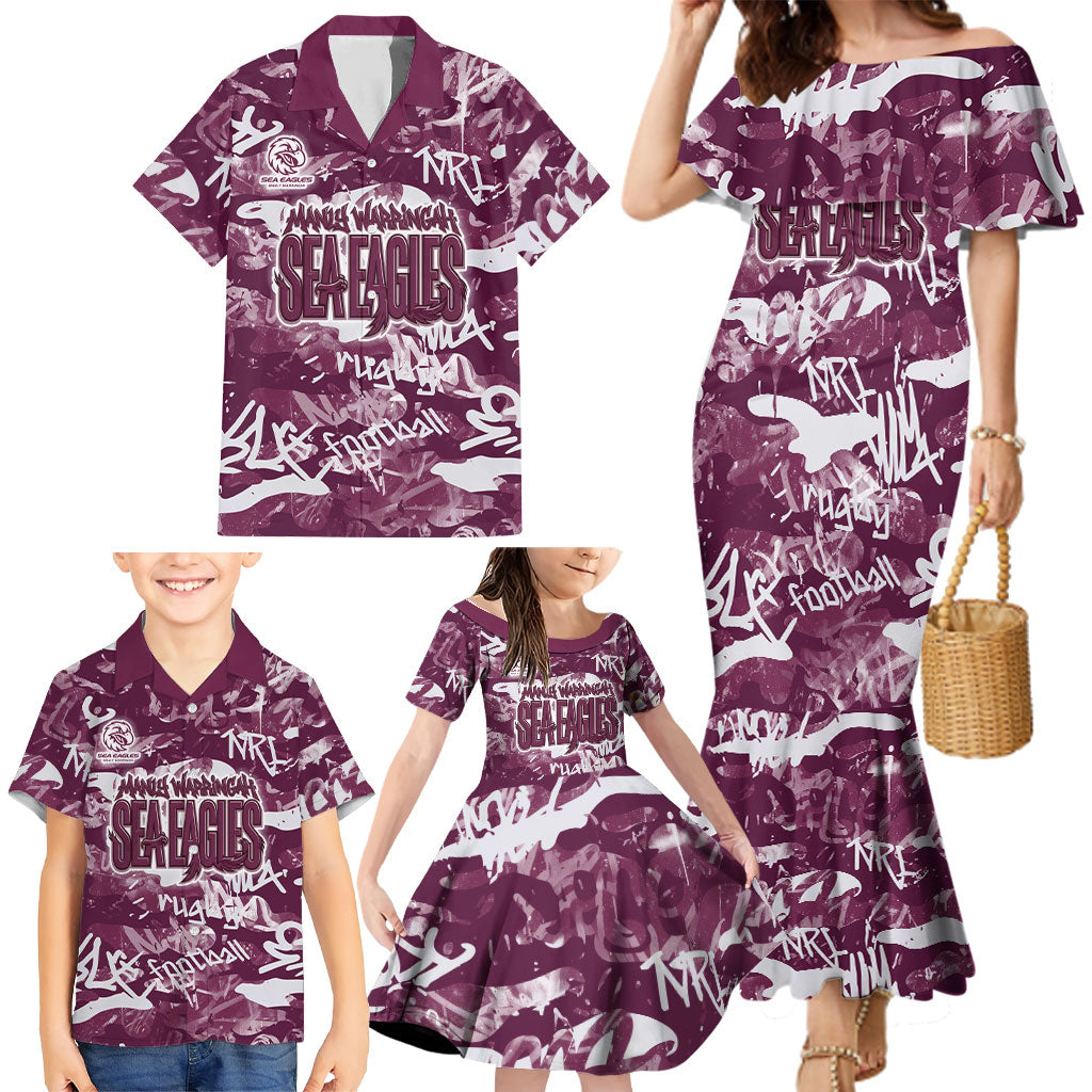 Manly Warringah Sea Eagles Rugby Family Matching Mermaid Dress and Hawaiian Shirt Graffiti Typography Urban Camo Abstract Street Style