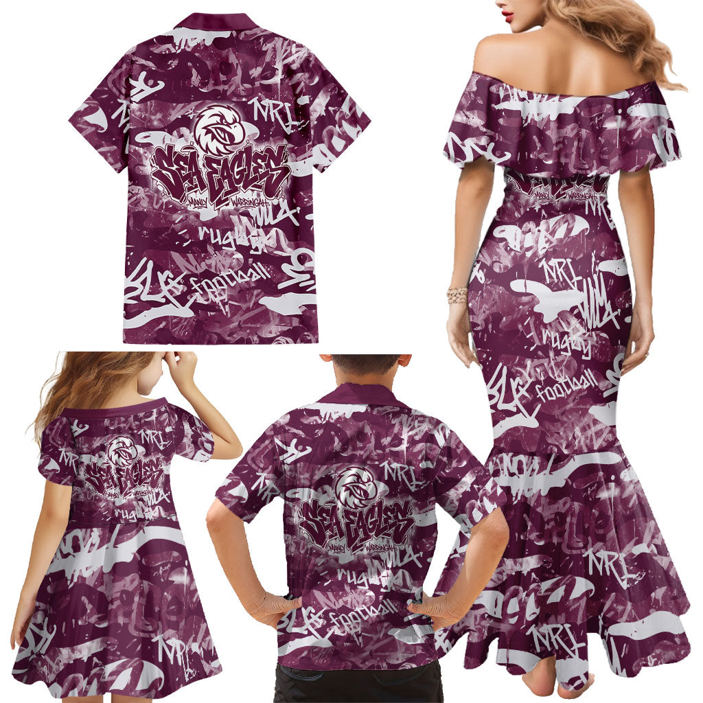 Manly Warringah Sea Eagles Rugby Family Matching Mermaid Dress and Hawaiian Shirt Graffiti Typography Urban Camo Abstract Street Style