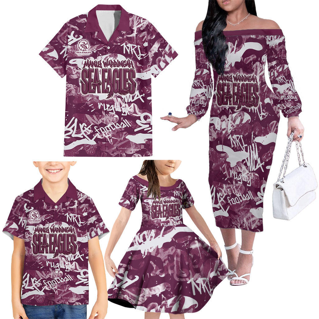 Manly Warringah Sea Eagles Rugby Family Matching Off The Shoulder Long Sleeve Dress and Hawaiian Shirt Graffiti Typography Urban Camo Abstract Street Style
