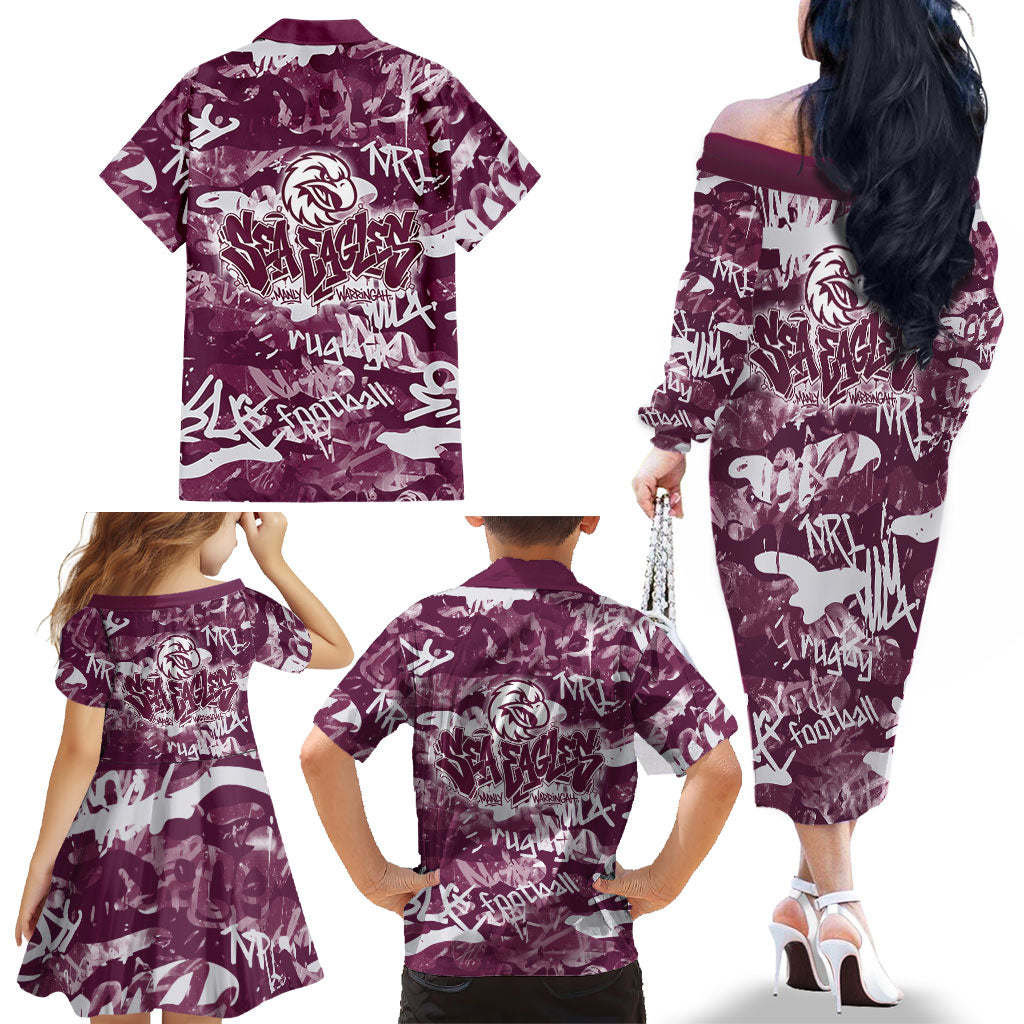 Manly Warringah Sea Eagles Rugby Family Matching Off The Shoulder Long Sleeve Dress and Hawaiian Shirt Graffiti Typography Urban Camo Abstract Street Style