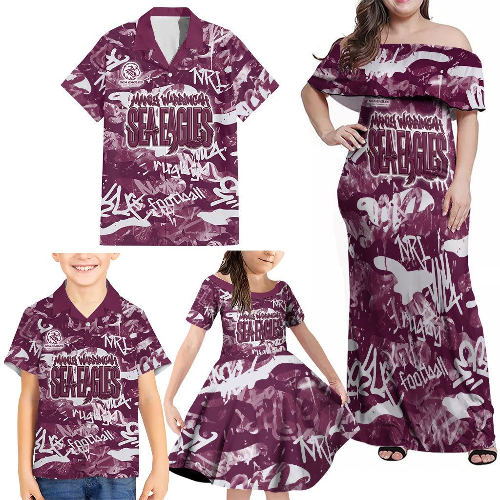 Manly Warringah Sea Eagles Rugby Family Matching Off Shoulder Maxi Dress and Hawaiian Shirt Graffiti Typography Urban Camo Abstract Street Style