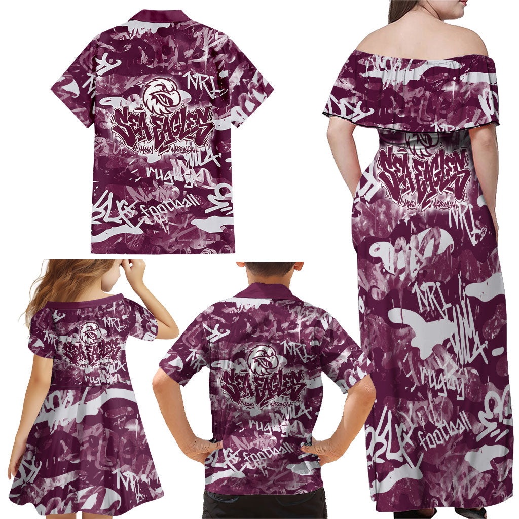 Manly Warringah Sea Eagles Rugby Family Matching Off Shoulder Maxi Dress and Hawaiian Shirt Graffiti Typography Urban Camo Abstract Street Style
