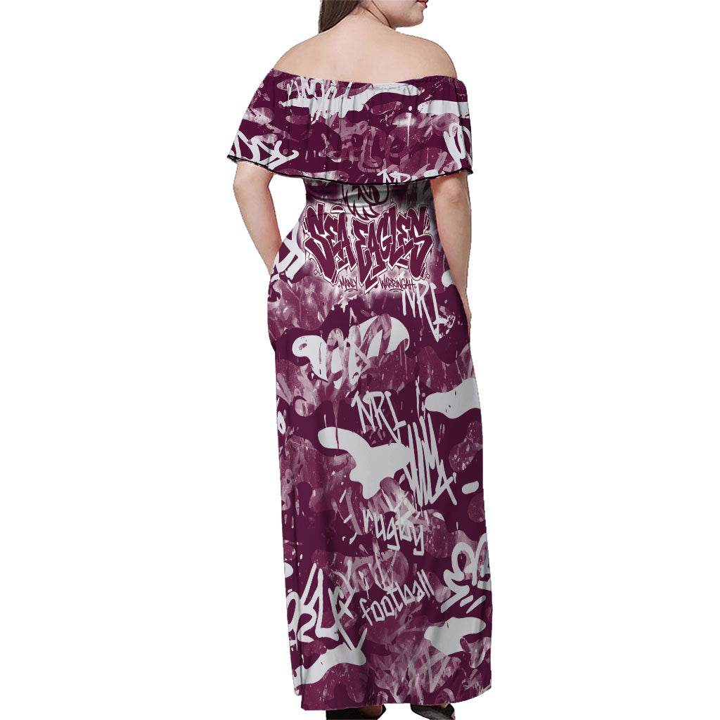 Manly Warringah Sea Eagles Rugby Family Matching Off Shoulder Maxi Dress and Hawaiian Shirt Graffiti Typography Urban Camo Abstract Street Style