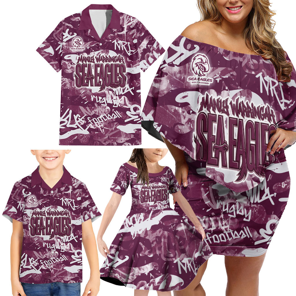 Manly Warringah Sea Eagles Rugby Family Matching Off Shoulder Short Dress and Hawaiian Shirt Graffiti Typography Urban Camo Abstract Street Style