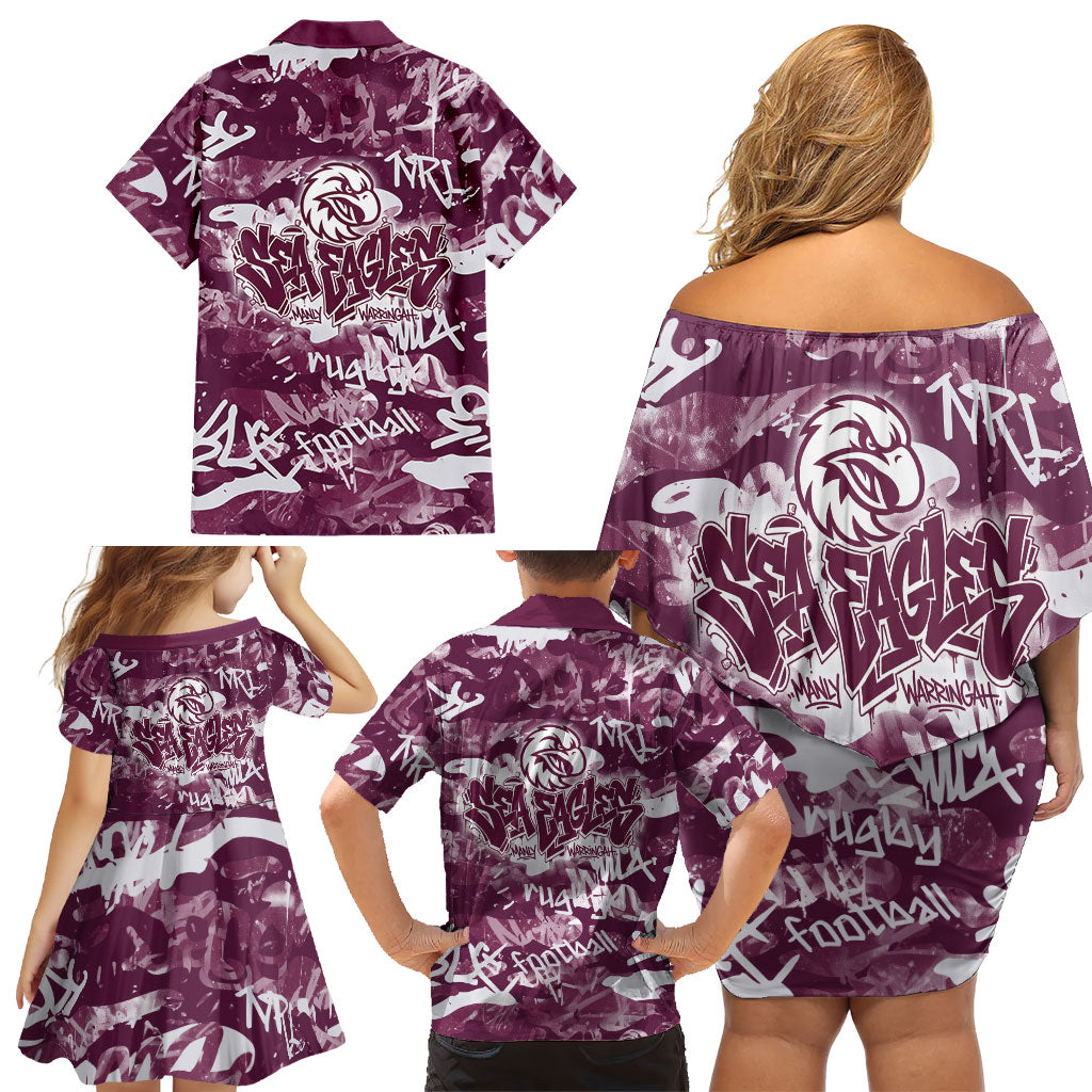 Manly Warringah Sea Eagles Rugby Family Matching Off Shoulder Short Dress and Hawaiian Shirt Graffiti Typography Urban Camo Abstract Street Style