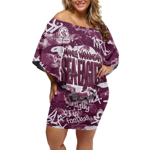 Manly Warringah Sea Eagles Rugby Family Matching Off Shoulder Short Dress and Hawaiian Shirt Graffiti Typography Urban Camo Abstract Street Style