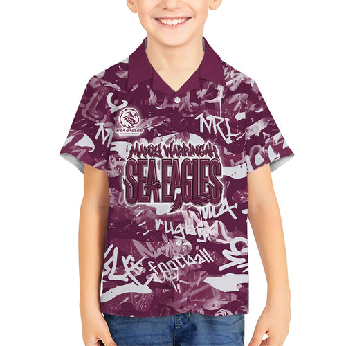 Manly Warringah Sea Eagles Rugby Family Matching Off Shoulder Short Dress and Hawaiian Shirt Graffiti Typography Urban Camo Abstract Street Style