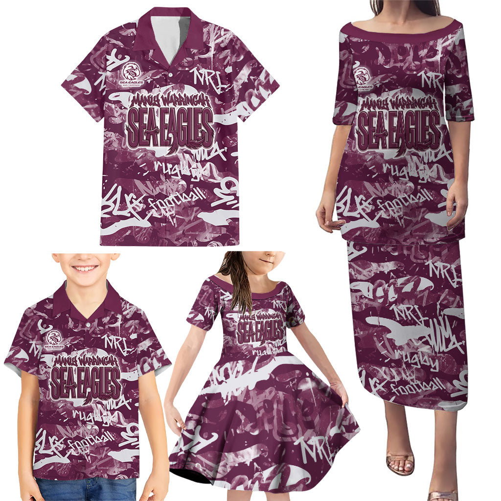 Manly Warringah Sea Eagles Rugby Family Matching Puletasi and Hawaiian Shirt Graffiti Typography Urban Camo Abstract Street Style
