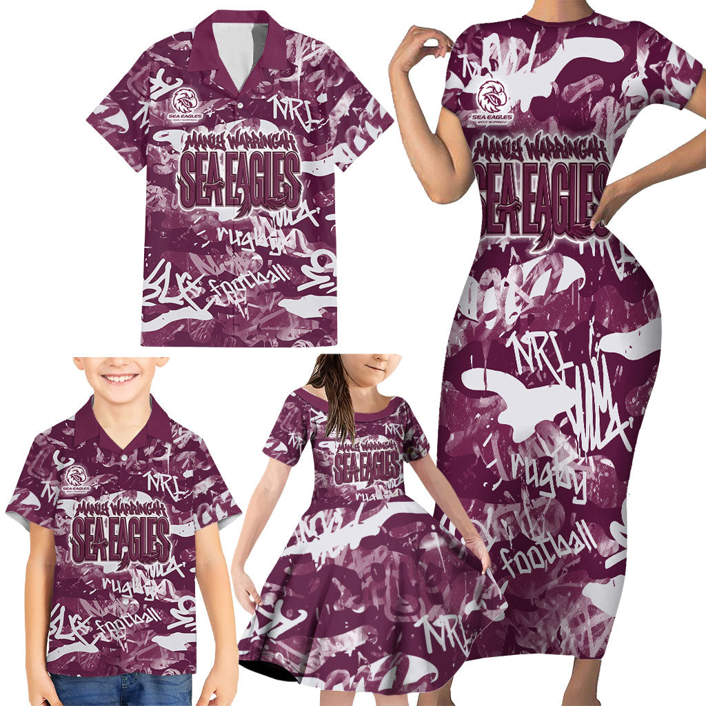 Manly Warringah Sea Eagles Rugby Family Matching Short Sleeve Bodycon Dress and Hawaiian Shirt Graffiti Typography Urban Camo Abstract Street Style