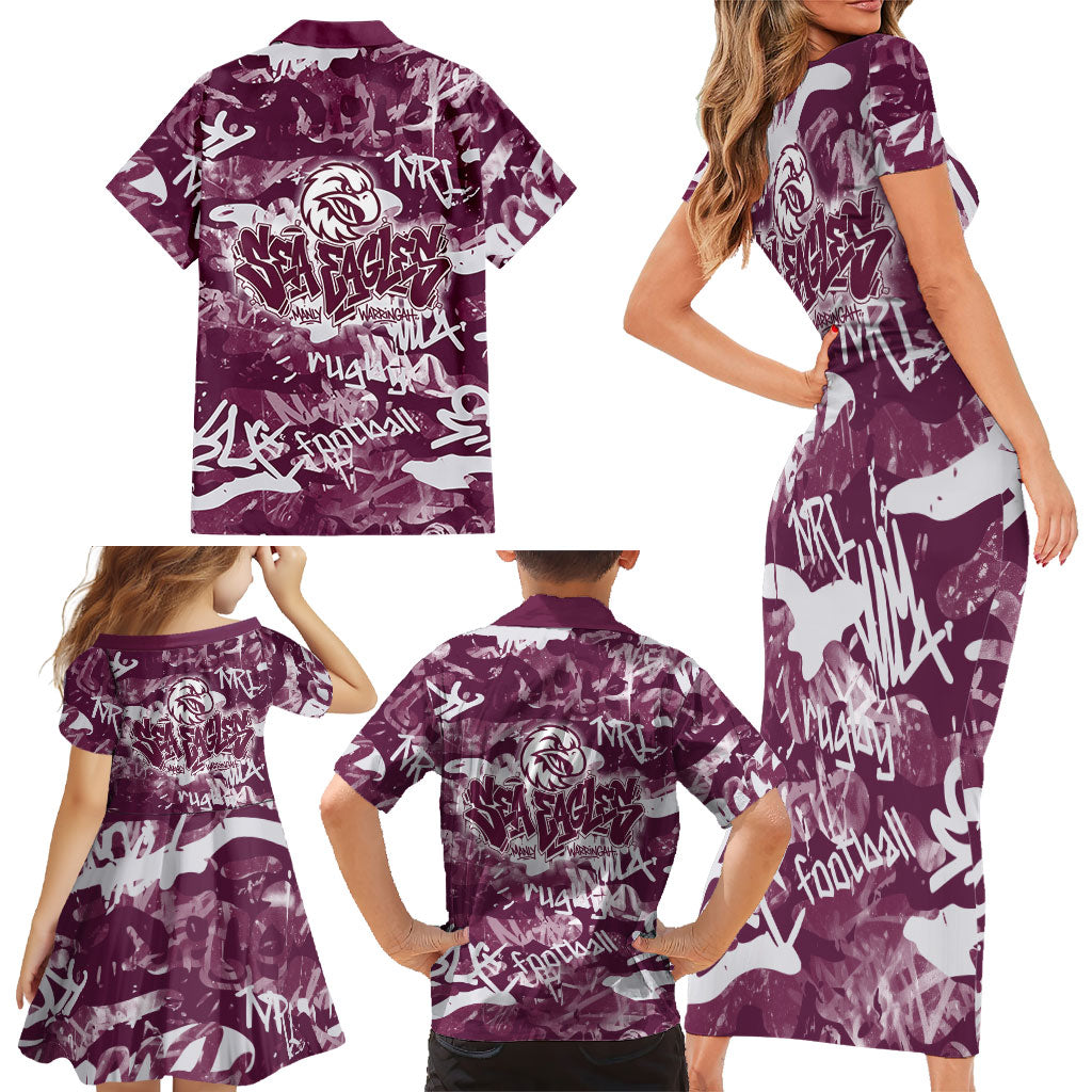 Manly Warringah Sea Eagles Rugby Family Matching Short Sleeve Bodycon Dress and Hawaiian Shirt Graffiti Typography Urban Camo Abstract Street Style