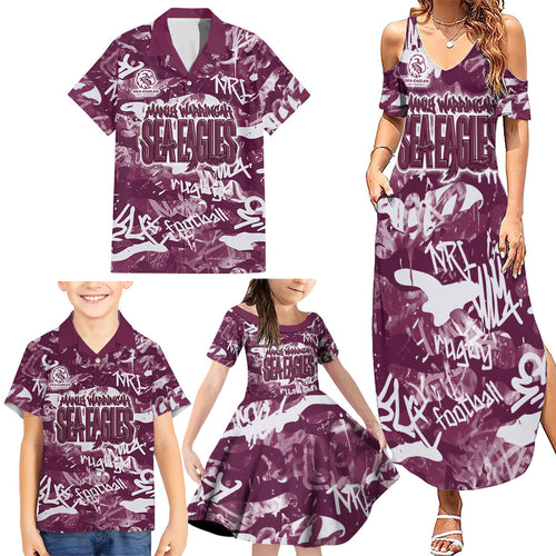 Manly Warringah Sea Eagles Rugby Family Matching Summer Maxi Dress and Hawaiian Shirt Graffiti Typography Urban Camo Abstract Street Style