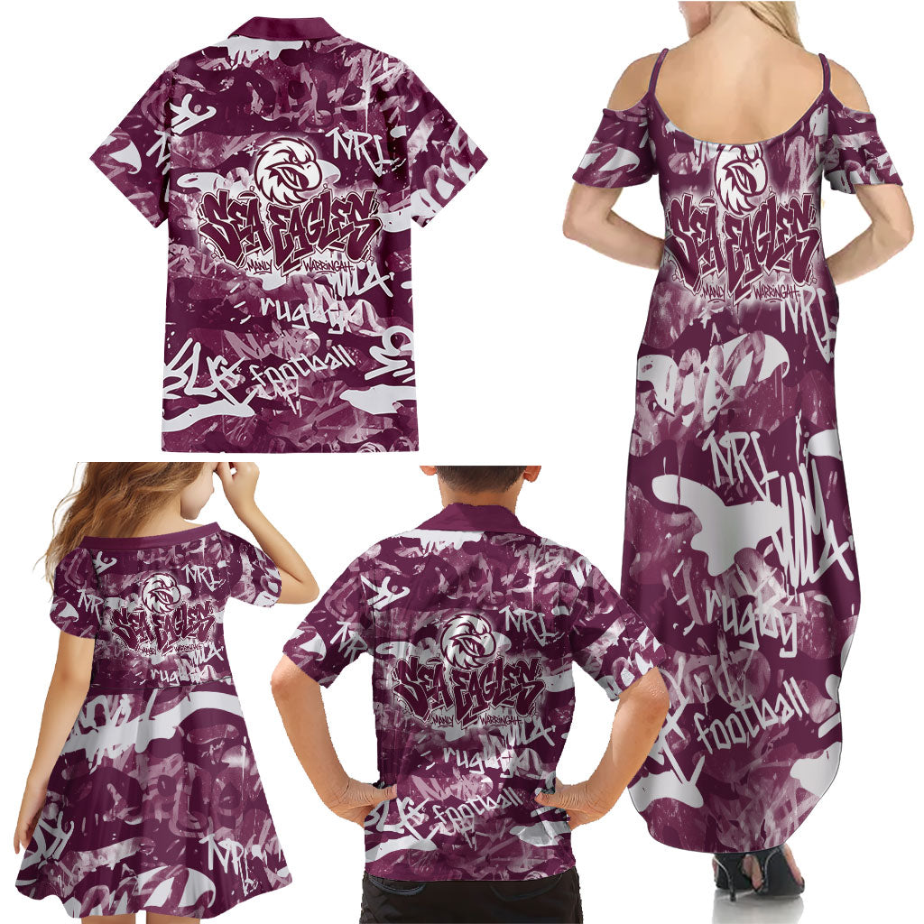 Manly Warringah Sea Eagles Rugby Family Matching Summer Maxi Dress and Hawaiian Shirt Graffiti Typography Urban Camo Abstract Street Style