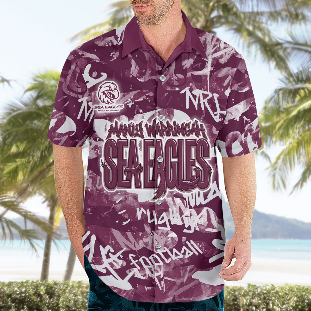 Manly Warringah Sea Eagles Rugby Hawaiian Shirt Graffiti Typography Urban Camo Abstract Street Style