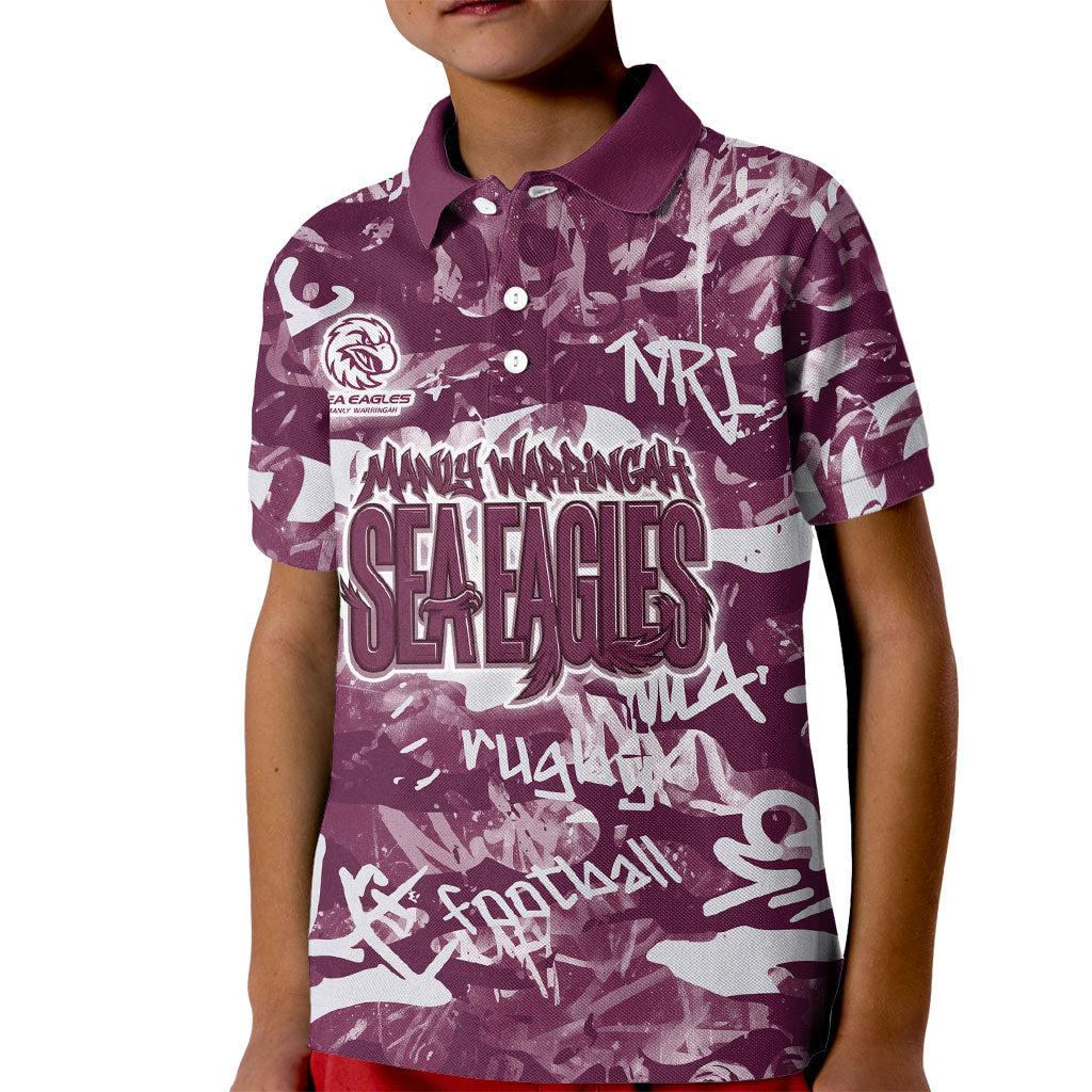Manly Warringah Sea Eagles Rugby Kid Polo Shirt Graffiti Typography Urban Camo Abstract Street Style