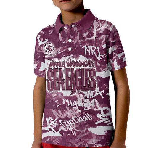 Manly Warringah Sea Eagles Rugby Kid Polo Shirt Graffiti Typography Urban Camo Abstract Street Style