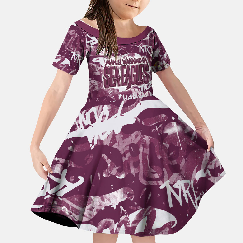 Manly Warringah Sea Eagles Rugby Kid Short Sleeve Dress Graffiti Typography Urban Camo Abstract Street Style