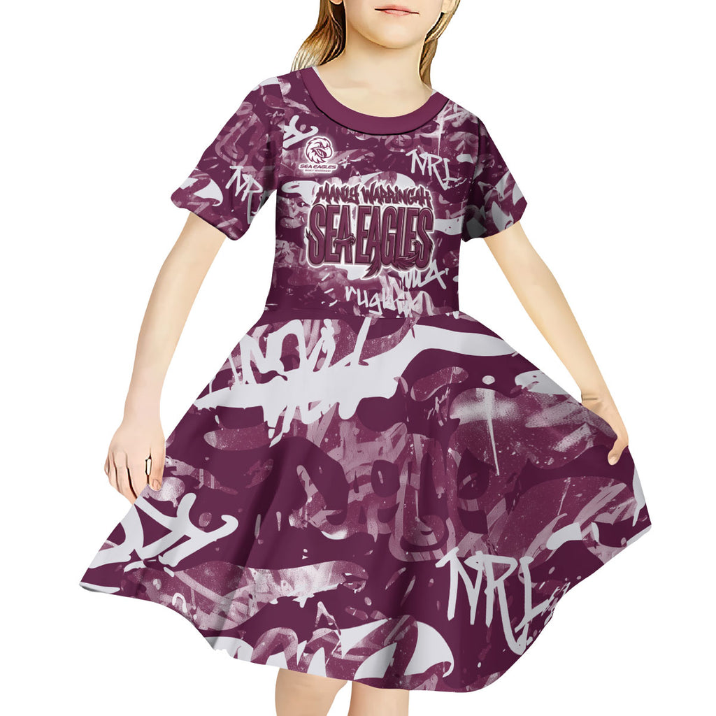 Manly Warringah Sea Eagles Rugby Kid Short Sleeve Dress Graffiti Typography Urban Camo Abstract Street Style