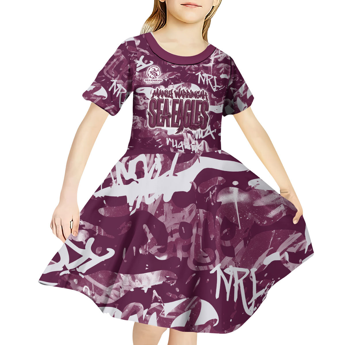 Manly Warringah Sea Eagles Rugby Kid Short Sleeve Dress Graffiti Typography Urban Camo Abstract Street Style