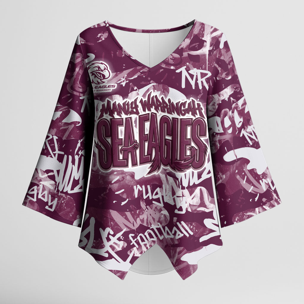 Manly Warringah Sea Eagles Rugby Kimono Sleeve Blouse Graffiti Typography Urban Camo Abstract Street Style