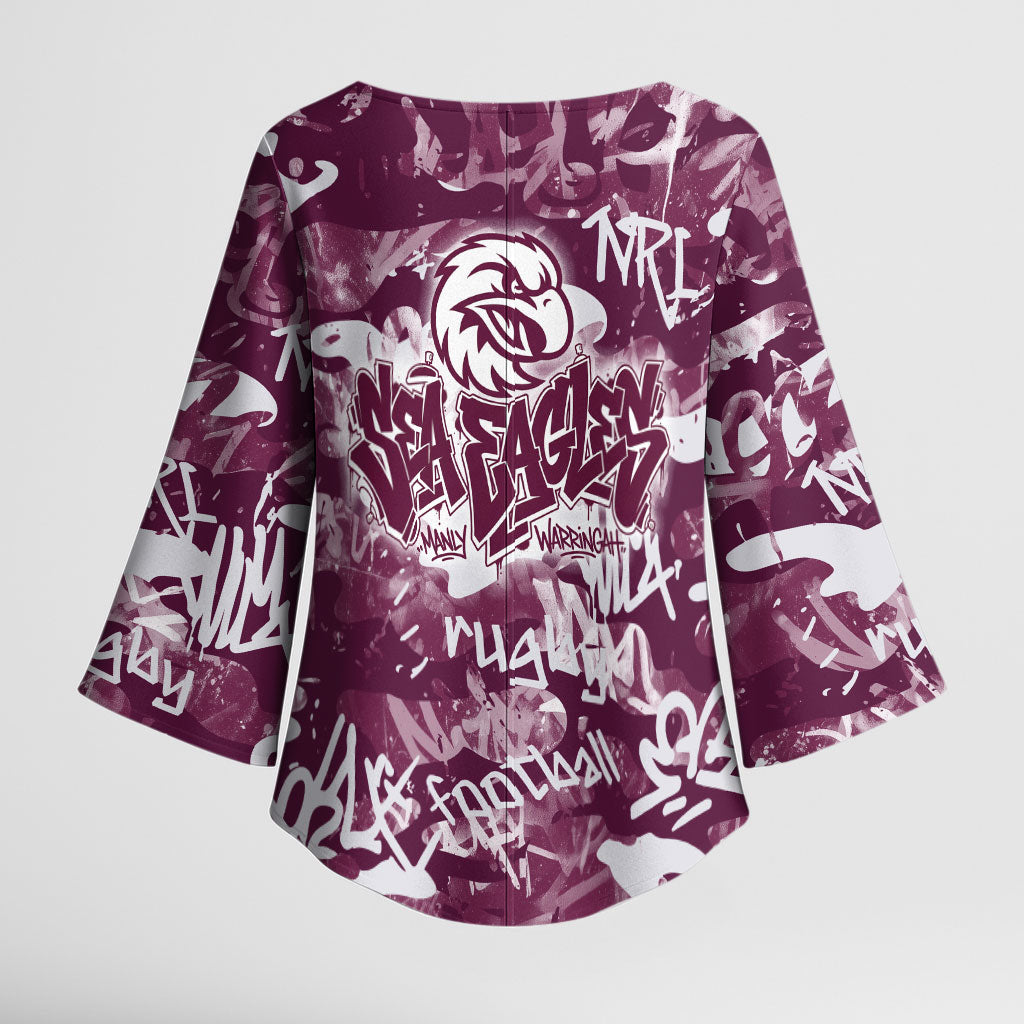 Manly Warringah Sea Eagles Rugby Kimono Sleeve Blouse Graffiti Typography Urban Camo Abstract Street Style