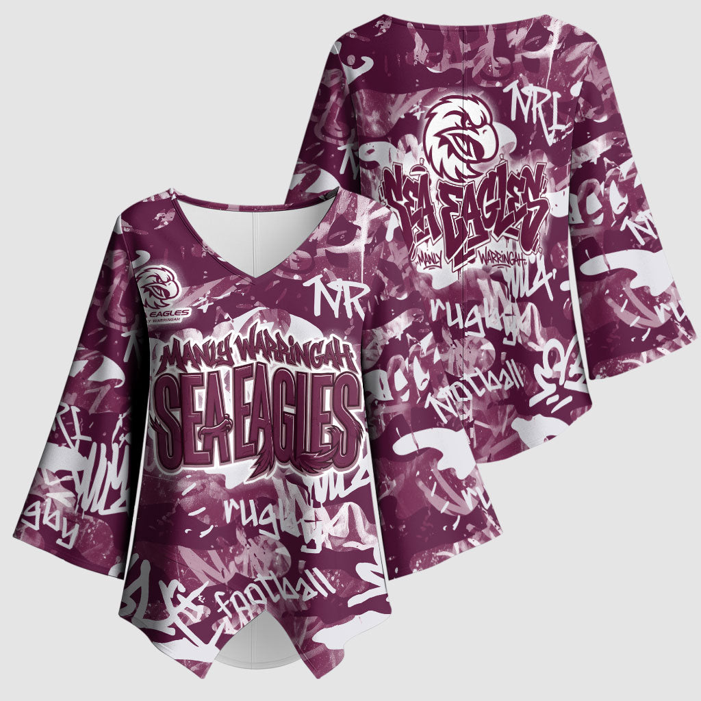 Manly Warringah Sea Eagles Rugby Kimono Sleeve Blouse Graffiti Typography Urban Camo Abstract Street Style